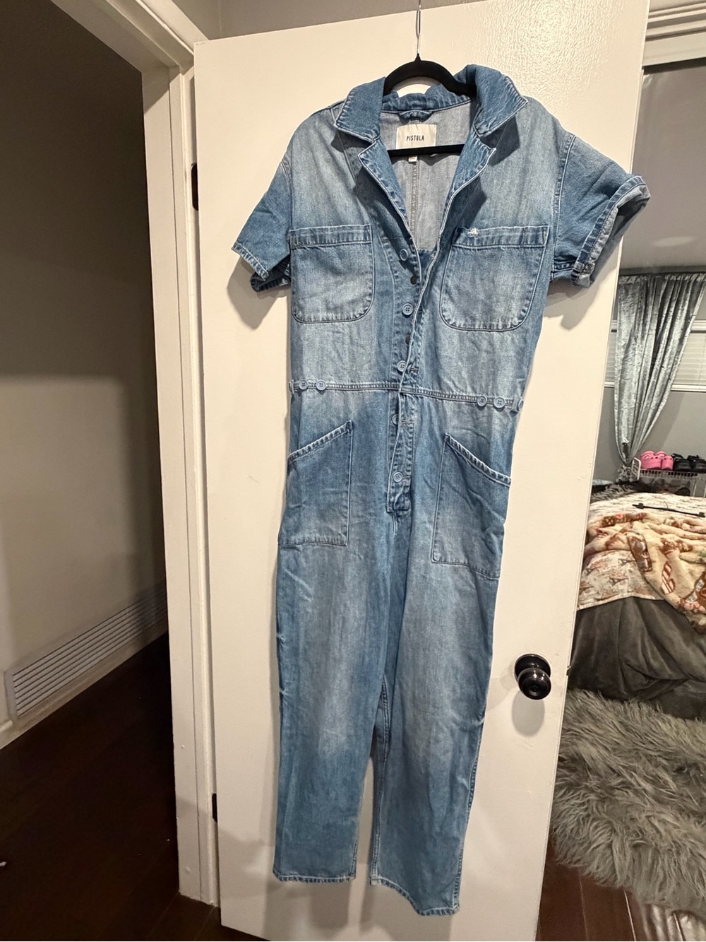 pistola Light Blue Denim Short-Sleeve One-Piece Jumpsuit